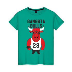 Женская футболка хлопок с принтом Gangsta Bulls , 100% хлопок | прямой крой, круглый вырез горловины, длина до линии бедер, слегка спущенное плечо | bulls | chicago | gangsta | бык | гангстер | чикаго