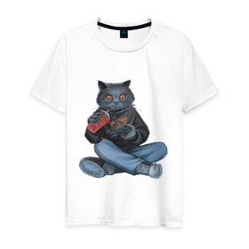 Мужская футболка хлопок с принтом Кот геймер , 100% хлопок | прямой крой, круглый вырез горловины, длина до линии бедер, слегка спущенное плечо. | джойстик | игрок | кола | контроллер | кот