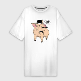 Платье-футболка хлопок с принтом Свин в цилиндре ,  |  | бабочка | галстук | джентльмен | кабан | котелок | поросенок | свинья | усы | хрю | хряк | шляпа
