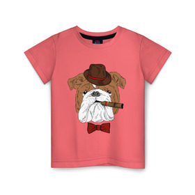 Детская футболка хлопок с принтом Английский бульдог с сигарой , 100% хлопок | круглый вырез горловины, полуприлегающий силуэт, длина до линии бедер | английский | бабочка | бульдог | галстук | пес | псина | собака | шляпа