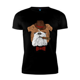 Мужская футболка премиум с принтом Английский бульдог с сигарой , 92% хлопок, 8% лайкра | приталенный силуэт, круглый вырез ворота, длина до линии бедра, короткий рукав | английский | бабочка | бульдог | галстук | пес | псина | собака | шляпа