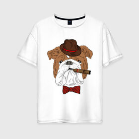Женская футболка хлопок Oversize с принтом Английский бульдог с сигарой , 100% хлопок | свободный крой, круглый ворот, спущенный рукав, длина до линии бедер
 | английский | бабочка | бульдог | галстук | пес | псина | собака | шляпа