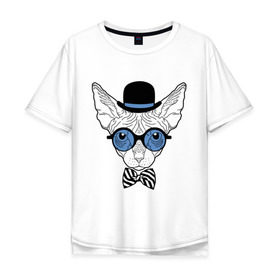 Мужская футболка хлопок Oversize с принтом Сфинкс в цилиндре , 100% хлопок | свободный крой, круглый ворот, “спинка” длиннее передней части | Тематика изображения на принте: бабочка | галстук | кот | котелок | кошка. киса | очки | сфинкс | цилиндр | шляпа