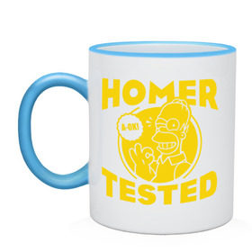 Кружка двухцветная с принтом Homer tested , керамика | объем — 330 мл, диаметр — 80 мм. Цветная ручка и кайма сверху, в некоторых цветах — вся внутренняя часть | гомер