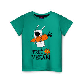 Детская футболка хлопок с принтом True vegan (истинный веган) , 100% хлопок | круглый вырез горловины, полуприлегающий силуэт, длина до линии бедер | carrot | flower | rabbit | true | vegan | веган | заяц | истинный | морковка | ролик | цветок | экология