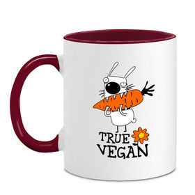 Кружка двухцветная с принтом True vegan (истинный веган) , керамика | объем — 330 мл, диаметр — 80 мм. Цветная ручка и кайма сверху, в некоторых цветах — вся внутренняя часть | carrot | flower | rabbit | true | vegan | веган | заяц | истинный | морковка | ролик | цветок | экология