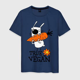 Мужская футболка хлопок с принтом True vegan (истинный веган) , 100% хлопок | прямой крой, круглый вырез горловины, длина до линии бедер, слегка спущенное плечо. | Тематика изображения на принте: carrot | flower | rabbit | true | vegan | веган | заяц | истинный | морковка | ролик | цветок | экология