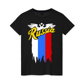 Женская футболка хлопок с принтом Russia каллиграфия флаг , 100% хлопок | прямой крой, круглый вырез горловины, длина до линии бедер, слегка спущенное плечо | герб | каллиграфия | патриот | россия | русский | рф | флаг