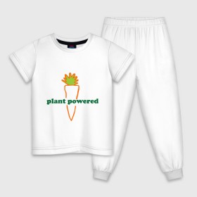 Детская пижама хлопок с принтом Vegetarian plant powered , 100% хлопок |  брюки и футболка прямого кроя, без карманов, на брюках мягкая резинка на поясе и по низу штанин
 | Тематика изображения на принте: carrot | plant | power | vegan. vegeterian | веган | вегетарианец | заряжен | морковь | овощи | растение | сила | фрукты