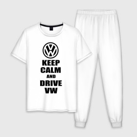 Мужская пижама хлопок с принтом Keep calm and drive vw , 100% хлопок | брюки и футболка прямого кроя, без карманов, на брюках мягкая резинка на поясе и по низу штанин
 | calm | drive | keep | volkswagen | веди | води | вольксваген | оставайся | сохраняй | спокойствие
