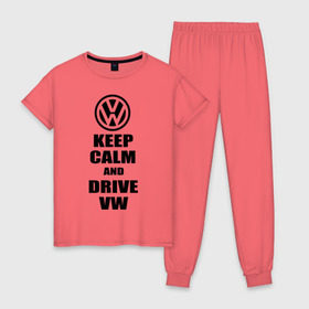 Женская пижама хлопок с принтом Keep calm and drive vw , 100% хлопок | брюки и футболка прямого кроя, без карманов, на брюках мягкая резинка на поясе и по низу штанин | calm | drive | keep | volkswagen | веди | води | вольксваген | оставайся | сохраняй | спокойствие
