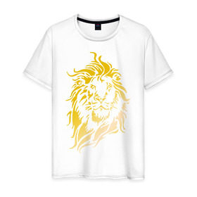 Мужская футболка хлопок с принтом Лев золотой , 100% хлопок | прямой крой, круглый вырез горловины, длина до линии бедер, слегка спущенное плечо. | голова | грива | зверь | золото | лев | металл | хищник | царь