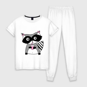 Женская пижама хлопок с принтом Енот девочка (парная) , 100% хлопок | брюки и футболка прямого кроя, без карманов, на брюках мягкая резинка на поясе и по низу штанин | енот
