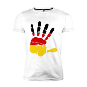 Мужская футболка премиум с принтом Рука Германии , 92% хлопок, 8% лайкра | приталенный силуэт, круглый вырез ворота, длина до линии бедра, короткий рукав | германия | желтый | красный | ладонь | отпечаток | рука | след | флаг | черный