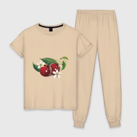 Женская пижама хлопок с принтом Сладкая вишенка , 100% хлопок | брюки и футболка прямого кроя, без карманов, на брюках мягкая резинка на поясе и по низу штанин | вишенка | вишня | сеток | фрукты | цветы