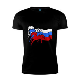 Мужская футболка премиум с принтом Сильная Россия , 92% хлопок, 8% лайкра | приталенный силуэт, круглый вырез ворота, длина до линии бедра, короткий рукав | кони | лошадь | россия | сильная | триколор | тройка | флаг