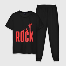 Мужская пижама хлопок с принтом Rock (пылающая надпись) , 100% хлопок | брюки и футболка прямого кроя, без карманов, на брюках мягкая резинка на поясе и по низу штанин
 | Тематика изображения на принте: гитара
