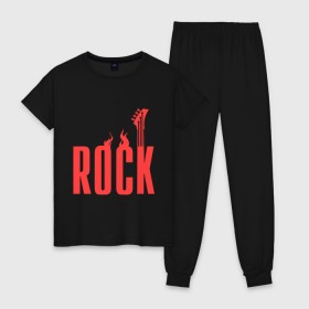 Женская пижама хлопок с принтом Rock (пылающая надпись) , 100% хлопок | брюки и футболка прямого кроя, без карманов, на брюках мягкая резинка на поясе и по низу штанин | гитара