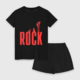 Женская пижама с шортиками хлопок с принтом Rock (пылающая надпись) , 100% хлопок | футболка прямого кроя, шорты свободные с широкой мягкой резинкой | гитара