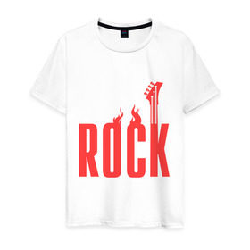 Мужская футболка хлопок с принтом Rock (пылающая надпись) , 100% хлопок | прямой крой, круглый вырез горловины, длина до линии бедер, слегка спущенное плечо. | гитара