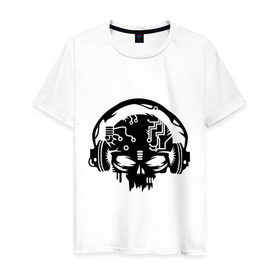 Мужская футболка хлопок с принтом Электро череп , 100% хлопок | прямой крой, круглый вырез горловины, длина до линии бедер, слегка спущенное плечо. | кости | музыка | наушники | электро череп