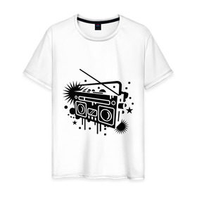 Мужская футболка хлопок с принтом Старый магнитофон , 100% хлопок | прямой крой, круглый вырез горловины, длина до линии бедер, слегка спущенное плечо. | Тематика изображения на принте: музыка | старый магнитофон