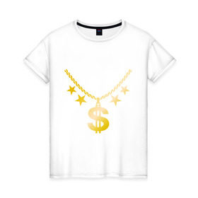 Женская футболка хлопок с принтом Золотой доллар , 100% хлопок | прямой крой, круглый вырез горловины, длина до линии бедер, слегка спущенное плечо | доллар | звезда | золото | цепь