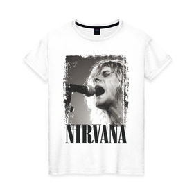 Женская футболка хлопок с принтом Nirvana , 100% хлопок | прямой крой, круглый вырез горловины, длина до линии бедер, слегка спущенное плечо | Тематика изображения на принте: cobain | kurt | кобейн | курт | нирвана