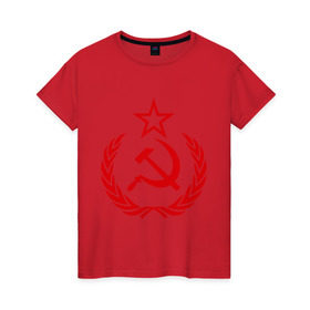 Женская футболка хлопок с принтом СССР герб , 100% хлопок | прямой крой, круглый вырез горловины, длина до линии бедер, слегка спущенное плечо | звезда | молот | ретро | серп | ссср