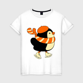 Женская футболка хлопок с принтом Пингвин на коньках , 100% хлопок | прямой крой, круглый вырез горловины, длина до линии бедер, слегка спущенное плечо | пингвин