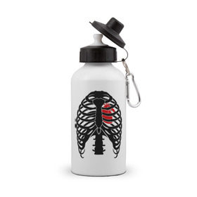 Бутылка спортивная с принтом Ребра с сердцем , металл | емкость — 500 мл, в комплекте две пластиковые крышки и карабин для крепления | скелет