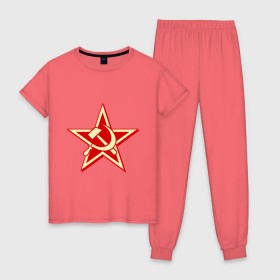 Женская пижама хлопок с принтом Слава советскому человеку , 100% хлопок | брюки и футболка прямого кроя, без карманов, на брюках мягкая резинка на поясе и по низу штанин | звезда | красный | молот | патриот | ретро | серп | ссср