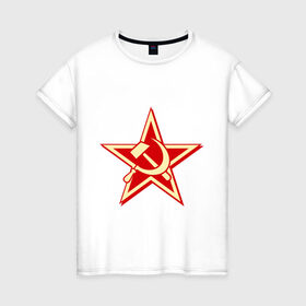 Женская футболка хлопок с принтом Слава советскому человеку , 100% хлопок | прямой крой, круглый вырез горловины, длина до линии бедер, слегка спущенное плечо | звезда | красный | молот | патриот | ретро | серп | ссср