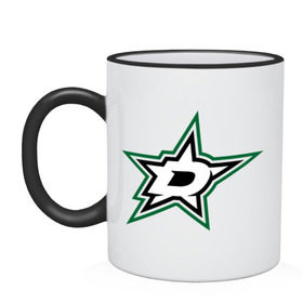 Кружка двухцветная с принтом HC Dallas Stars , керамика | объем — 330 мл, диаметр — 80 мм. Цветная ручка и кайма сверху, в некоторых цветах — вся внутренняя часть | club | dallas | hockey | stars | клуб | хоккей