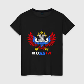 Женская футболка хлопок с принтом Russia , 100% хлопок | прямой крой, круглый вырез горловины, длина до линии бедер, слегка спущенное плечо | герб | орел | патриот | россия | русский | рф | триколор