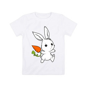 Детская футболка хлопок с принтом Зайка с морковкой , 100% хлопок | круглый вырез горловины, полуприлегающий силуэт, длина до линии бедер | Тематика изображения на принте: белый | зайка | заяц | кролик | милый | морковь