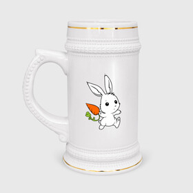 Кружка пивная с принтом Зайка с морковкой ,  керамика (Материал выдерживает высокую температуру, стоит избегать резкого перепада температур) |  объем 630 мл | Тематика изображения на принте: белый | зайка | заяц | кролик | милый | морковь