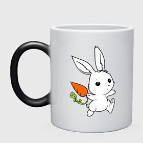 Кружка хамелеон с принтом Зайка с морковкой , керамика | меняет цвет при нагревании, емкость 330 мл | Тематика изображения на принте: белый | зайка | заяц | кролик | милый | морковь