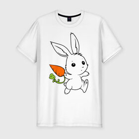 Мужская футболка премиум с принтом Зайка с морковкой , 92% хлопок, 8% лайкра | приталенный силуэт, круглый вырез ворота, длина до линии бедра, короткий рукав | Тематика изображения на принте: белый | зайка | заяц | кролик | милый | морковь