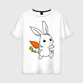 Женская футболка хлопок Oversize с принтом Зайка с морковкой , 100% хлопок | свободный крой, круглый ворот, спущенный рукав, длина до линии бедер
 | белый | зайка | заяц | кролик | милый | морковь