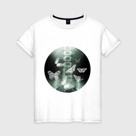 Женская футболка хлопок с принтом Рентген бабочки , 100% хлопок | прямой крой, круглый вырез горловины, длина до линии бедер, слегка спущенное плечо | в животе | снимок