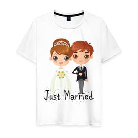 Мужская футболка хлопок с принтом Жених и невеста , 100% хлопок | прямой крой, круглый вырез горловины, длина до линии бедер, слегка спущенное плечо. | just | married | жених | молодожены | невеста | свадьба