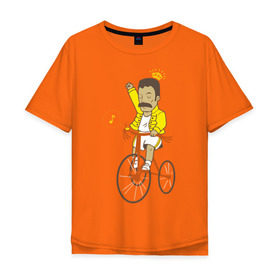 Мужская футболка хлопок Oversize с принтом Фредди на велосипеде , 100% хлопок | свободный крой, круглый ворот, “спинка” длиннее передней части | queen | велосипед | меломанам | музыка | прикол | рок | фрэдди меркьюри