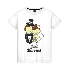 Женская футболка хлопок с принтом Just Married - Молодожены , 100% хлопок | прямой крой, круглый вырез горловины, длина до линии бедер, слегка спущенное плечо | just married | жених | молодожены | невеста | подарки | праздник | свадьби