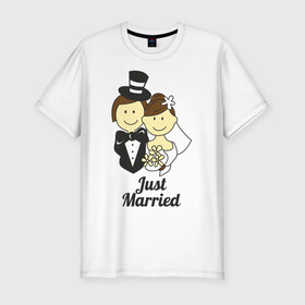 Мужская футболка премиум с принтом Just Married - Молодожены , 92% хлопок, 8% лайкра | приталенный силуэт, круглый вырез ворота, длина до линии бедра, короткий рукав | just married | жених | молодожены | невеста | подарки | праздник | свадьби