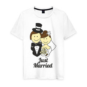 Мужская футболка хлопок с принтом Just Married - Молодожены , 100% хлопок | прямой крой, круглый вырез горловины, длина до линии бедер, слегка спущенное плечо. | just married | жених | молодожены | невеста | подарки | праздник | свадьби