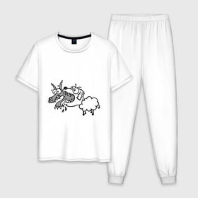 Мужская пижама хлопок с принтом Волк и овечка , 100% хлопок | брюки и футболка прямого кроя, без карманов, на брюках мягкая резинка на поясе и по низу штанин
 | баран | внезапно | волк | ловушка | овечка | овца