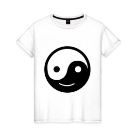 Женская футболка хлопок с принтом Веселый Инь Янь , 100% хлопок | прямой крой, круглый вырез горловины, длина до линии бедер, слегка спущенное плечо | веселый | инь | китай | смайл | улыбка | философия | ян | янь