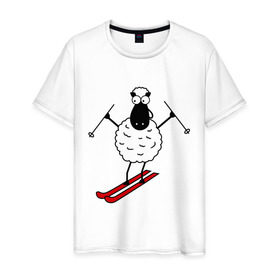 Мужская футболка хлопок с принтом Овечка на лыжах , 100% хлопок | прямой крой, круглый вырез горловины, длина до линии бедер, слегка спущенное плечо. | баран | год | гороскоп | зима | китайский | лыжи | новый год | овен | овца | снег