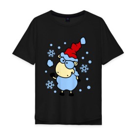 Мужская футболка хлопок Oversize с принтом Барашек и снежок , 100% хлопок | свободный крой, круглый ворот, “спинка” длиннее передней части | барашек | зима | игра | новый год | овечка | овца | снег | снежки | снежок | шапка